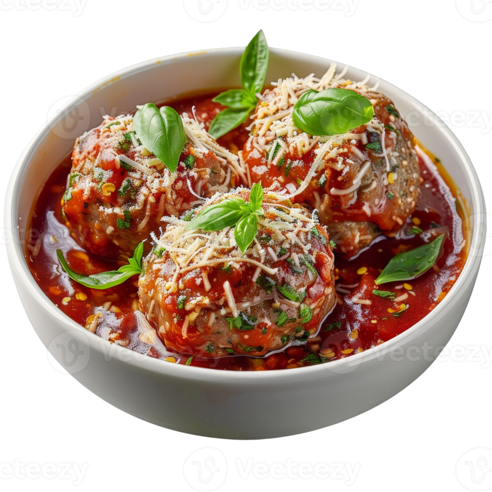 Delicious Meatballs in Marinara Sauce Parmesan Cheese Basil Garnish png