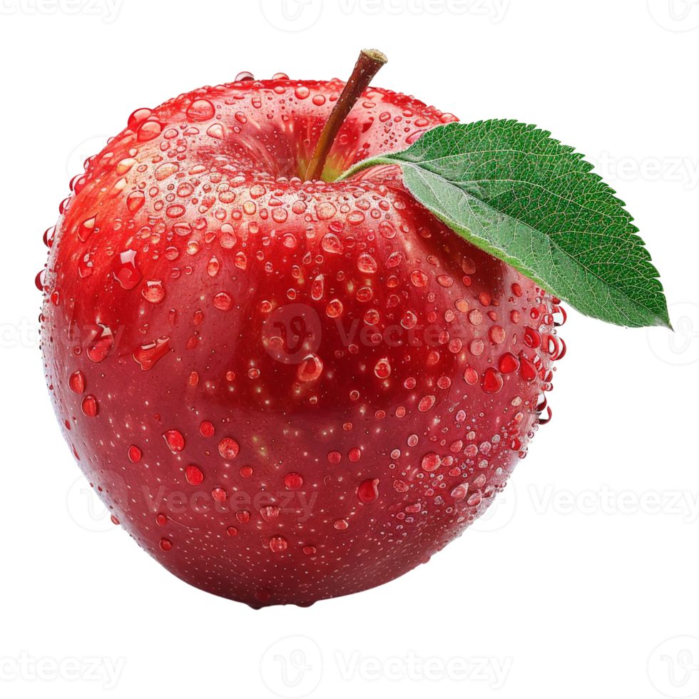 Juicy Red Apple with Water Droplets Leaf Fresh Fruit Photo png