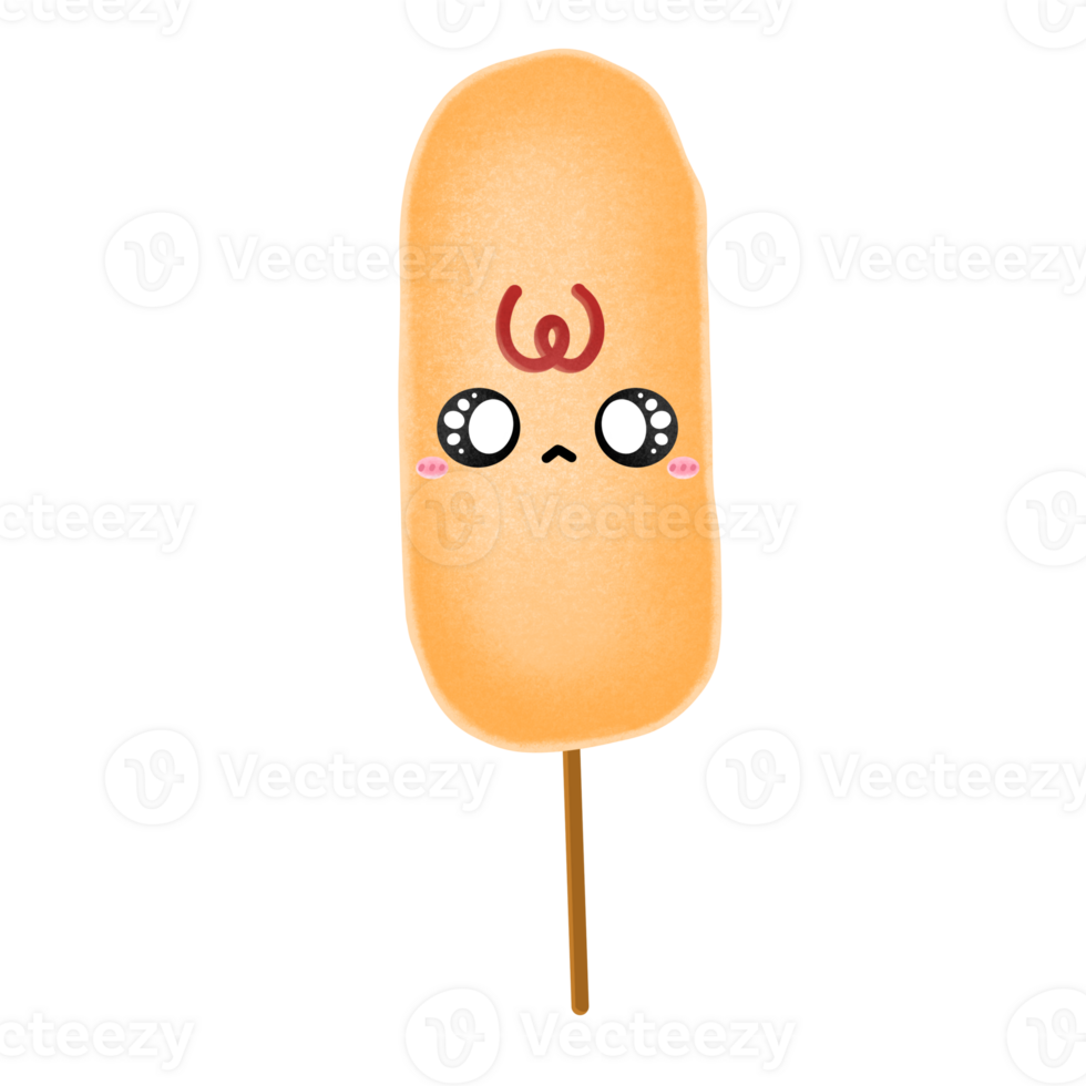 Cute Corndog Mascot Character Kawaii Food Corndog Cartoon illustration Korean Food Drawing Sausage Fried Korean Street Food Cartoon png