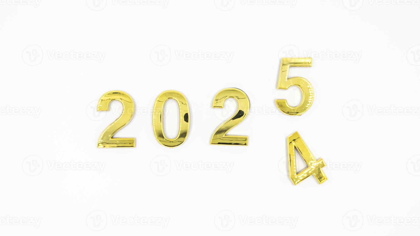 Gold 2025 numerals on a white background. 2025 New Years Eve Celebration, Holiday background Happy New Year 2025. Numbers of year 2025, celebrating New Year holiday, Space for text photo