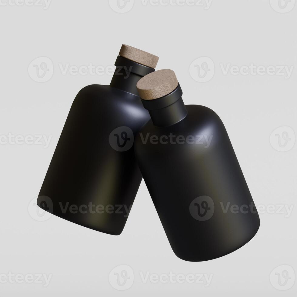 Two black bottles with wooden lids on a white background photo