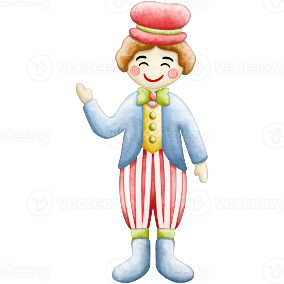 A cartoon clown in a striped suit and top hat png
