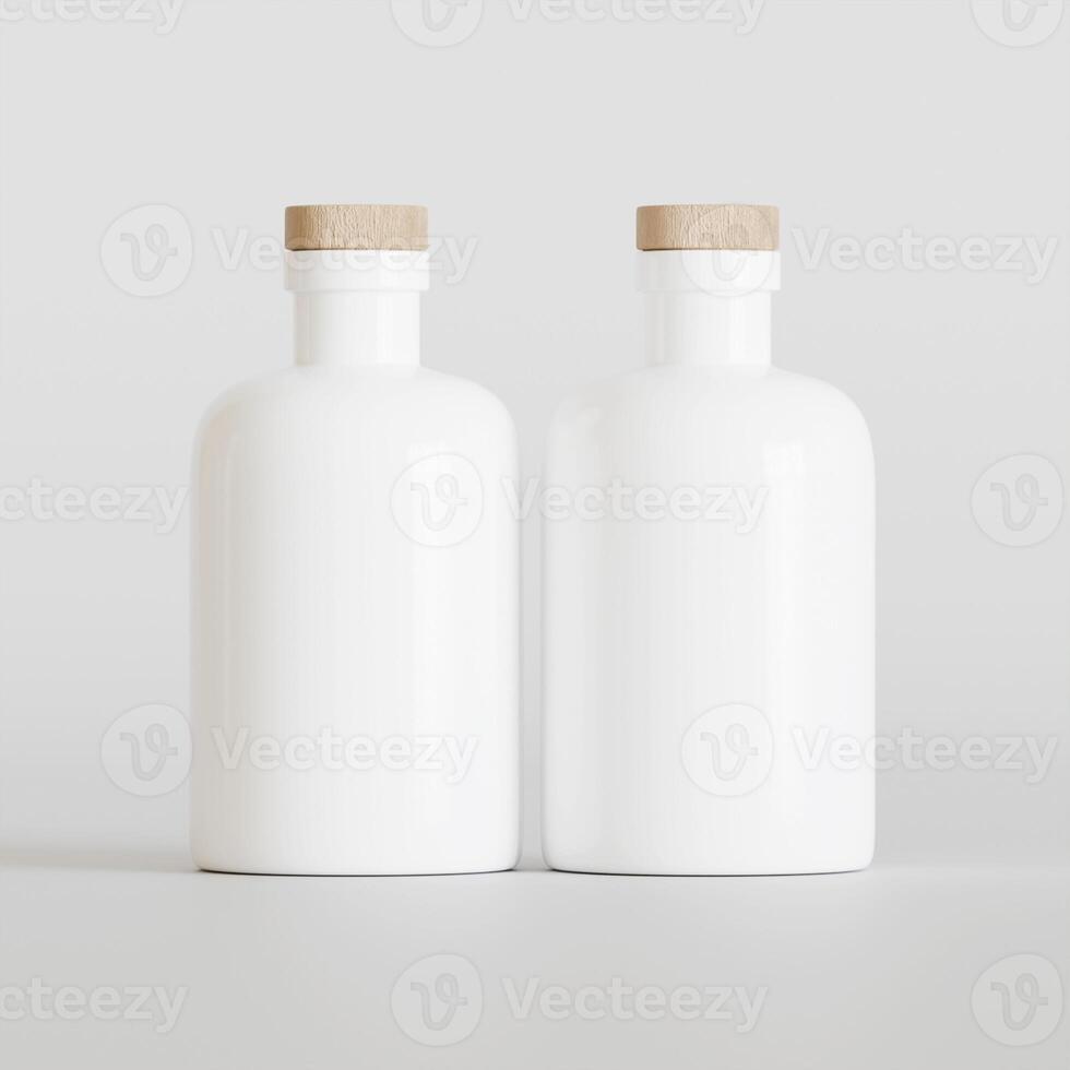 Two white bottles with wooden lids on a white background photo