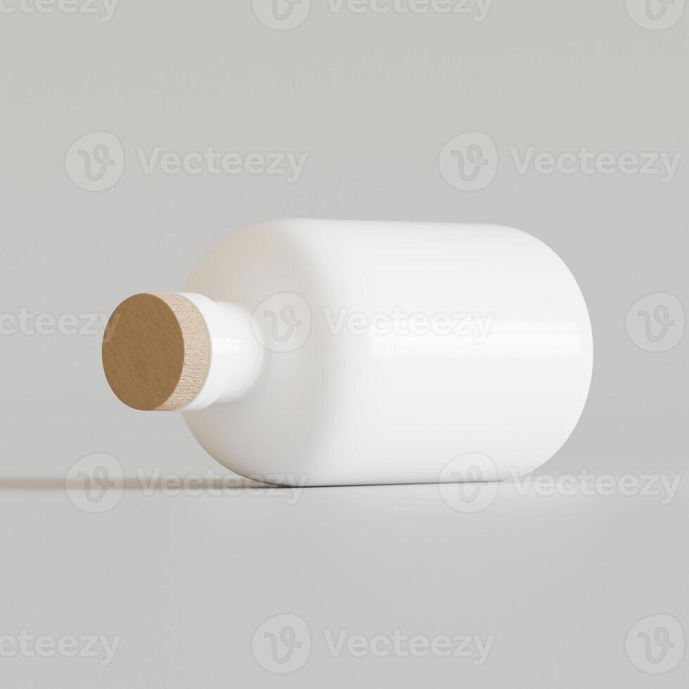 A white bottle with a wooden lid on a gray surface photo