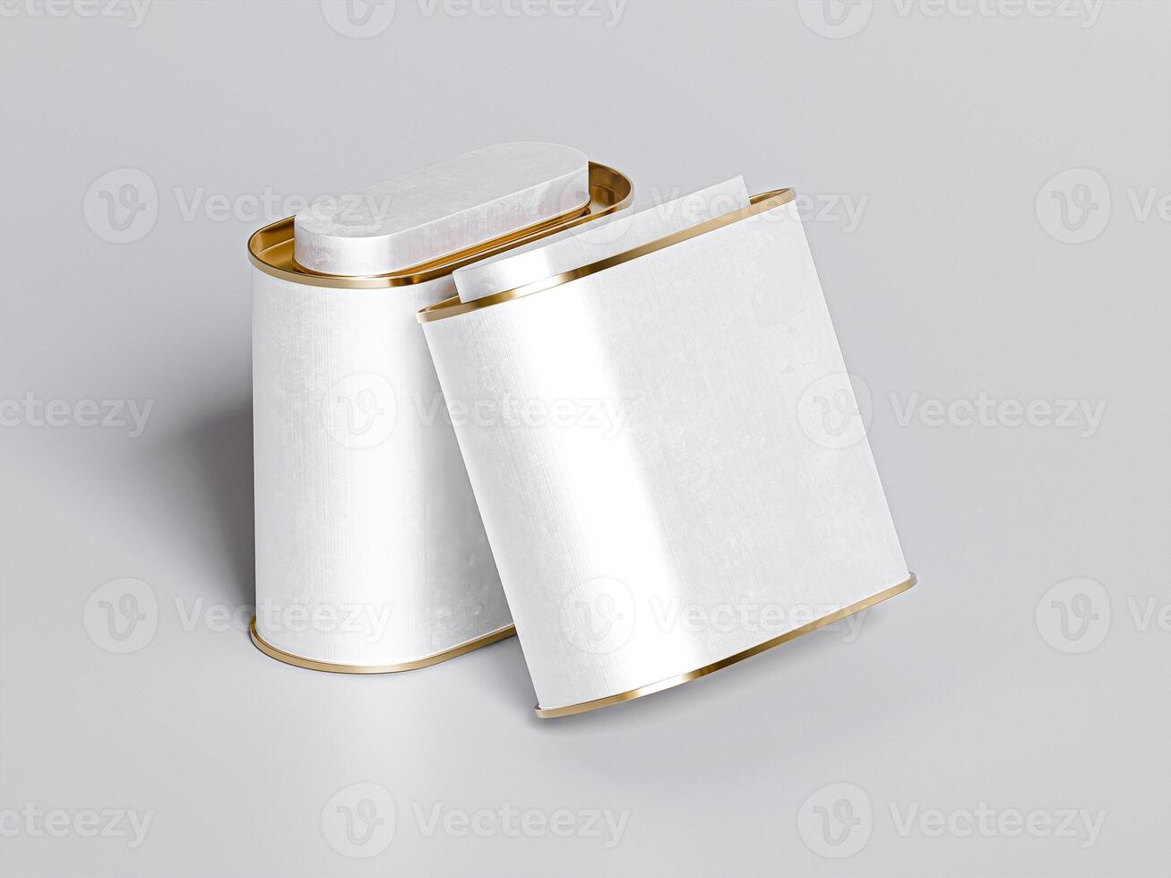 White and gold tin box mockup on white background photo