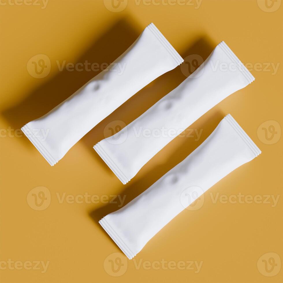 Three white plastic bags on a yellow background photo