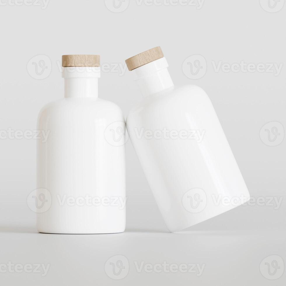 Two white bottles with wooden lids on a white background photo