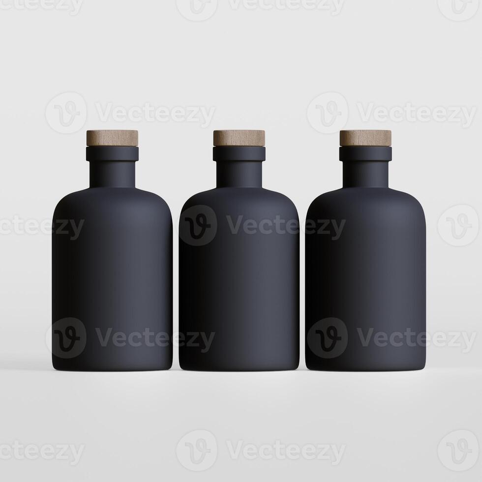 Three black bottles with wooden lids on a white surface photo