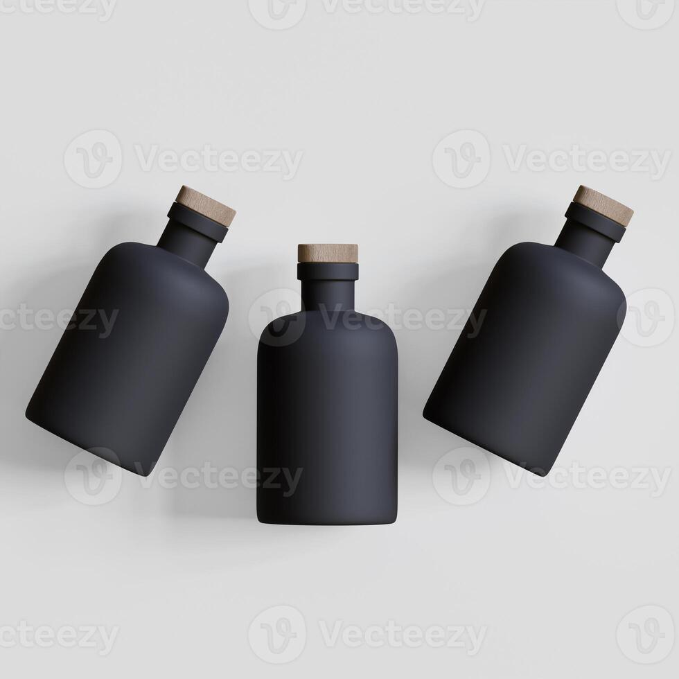 Three black bottles with wooden lids on a white surface photo