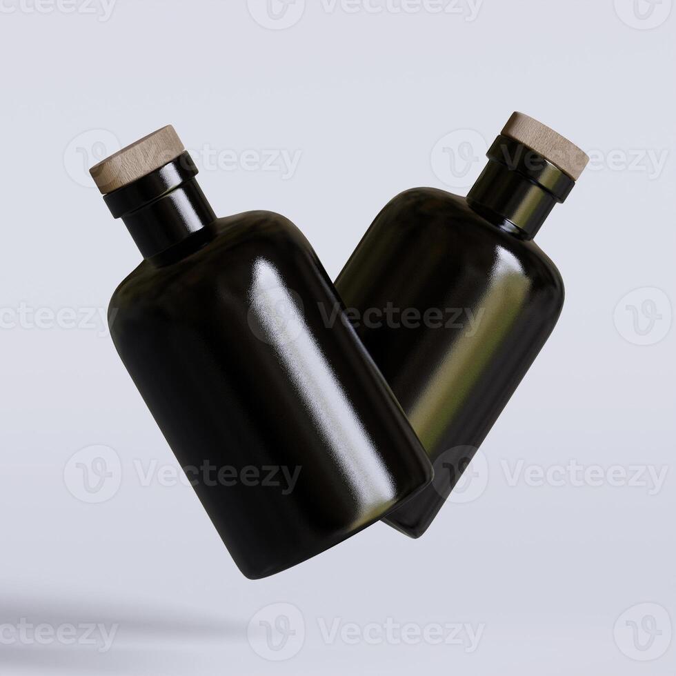 Two black bottles with wooden lids on a white background photo