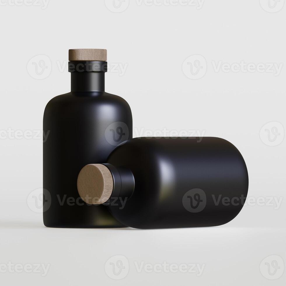 Two black bottles with wooden caps on a white background photo
