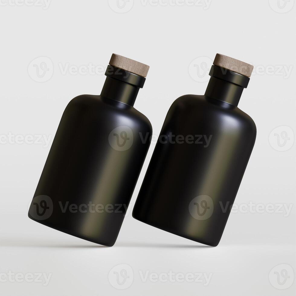 Two black bottles with wooden caps on a white background photo