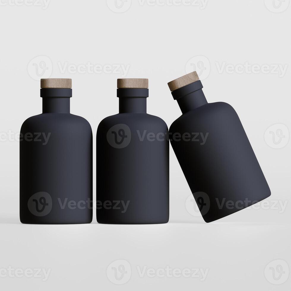 Three black bottles with wooden lids on a white surface photo