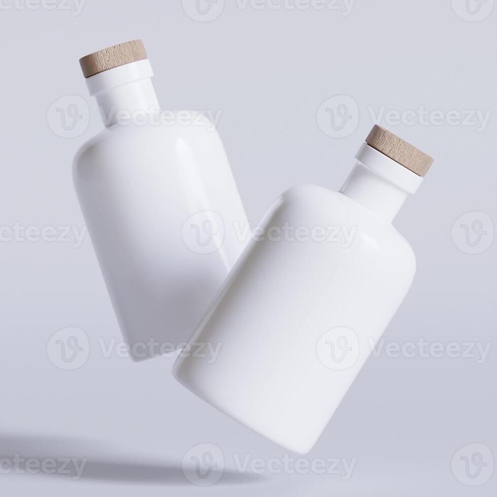 Two white bottles with wooden lids on a white background photo