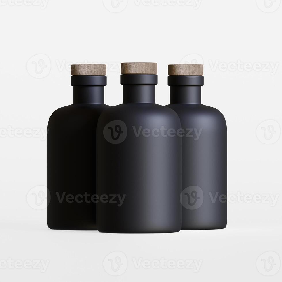 Three black bottles with wooden lids on a white background photo