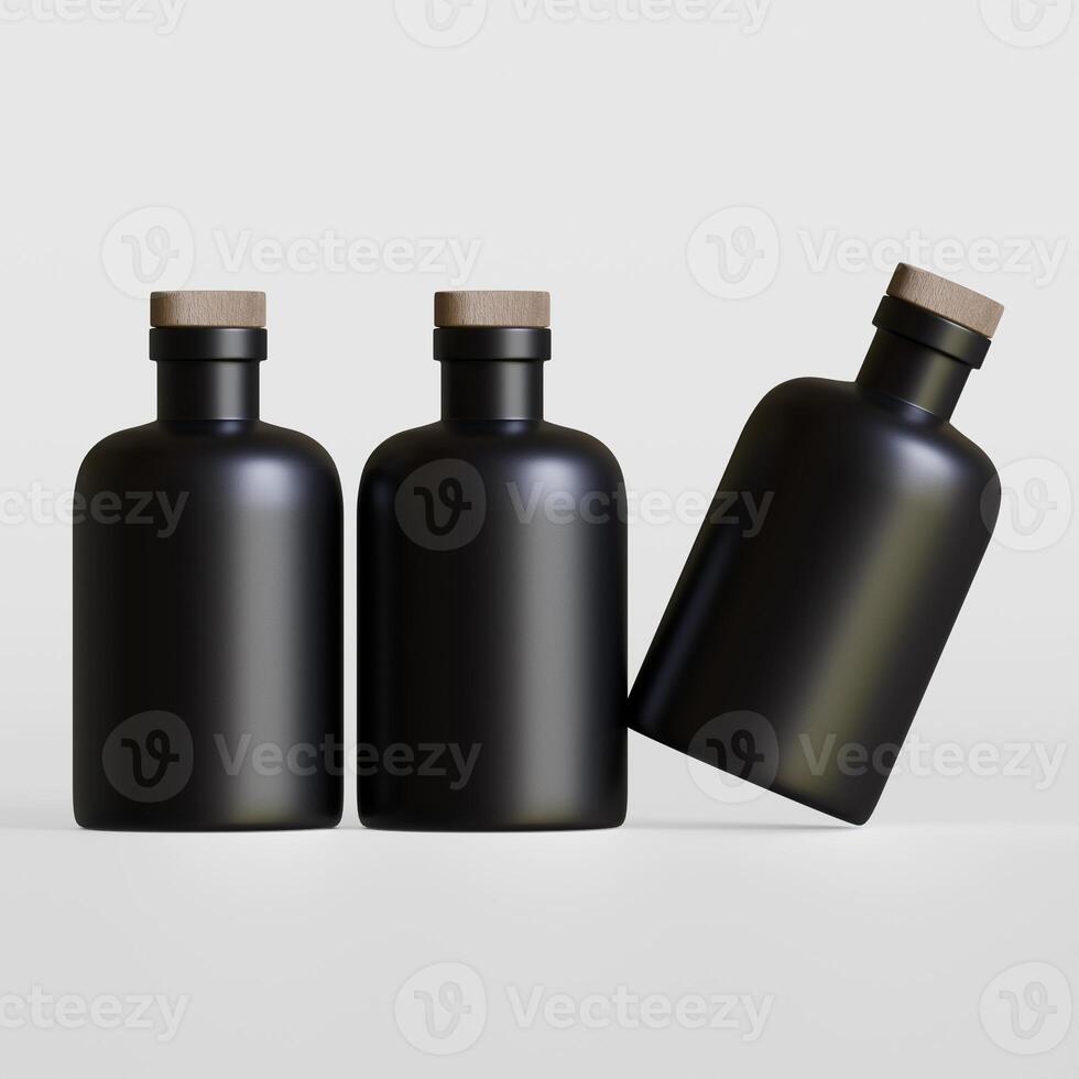 Three black bottles with wooden lids on a white background photo