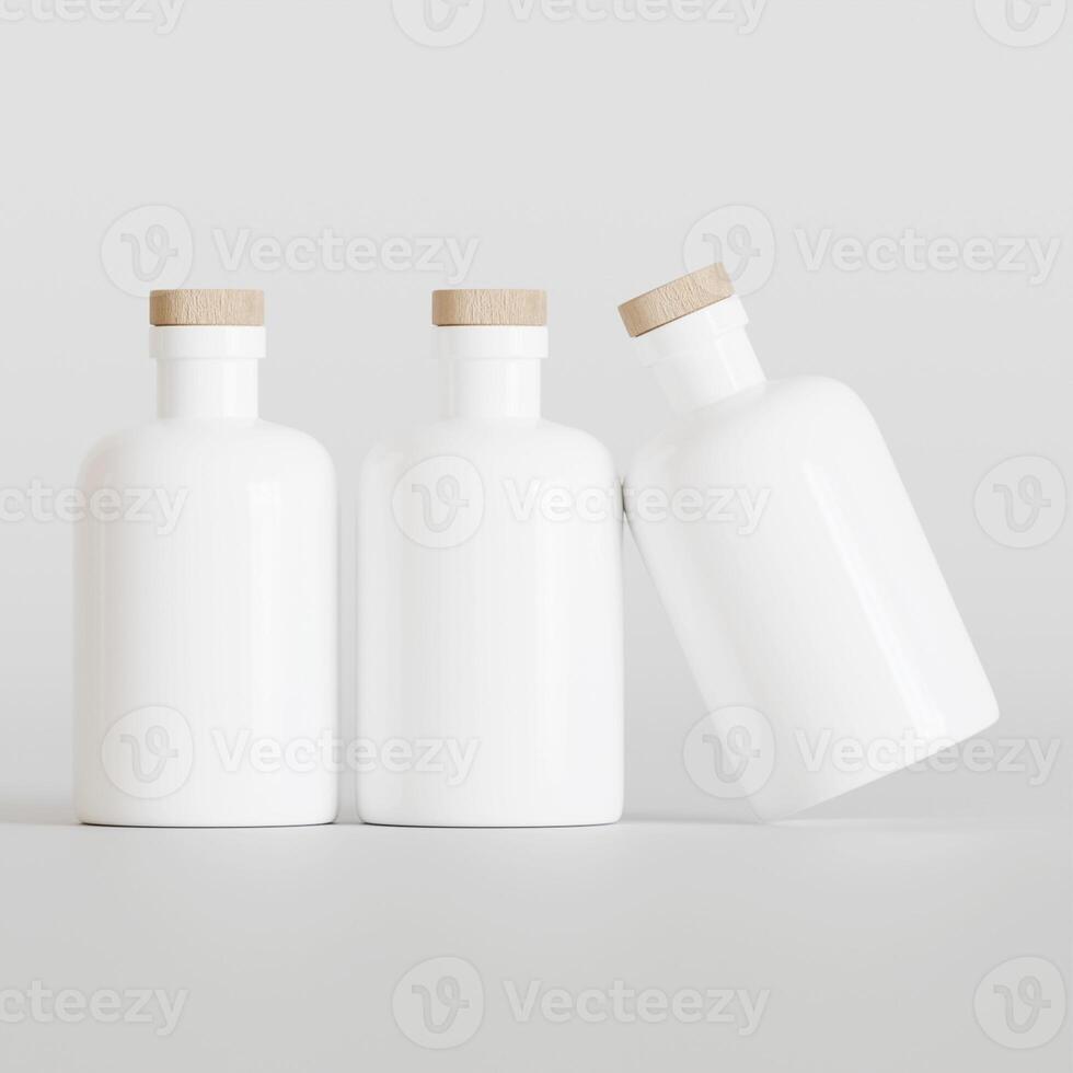 Three white bottles with wooden lids on a white surface photo