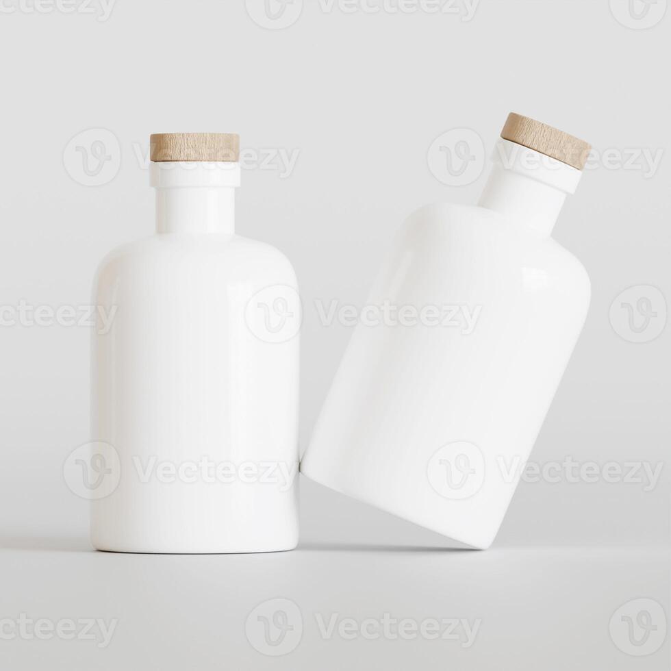 Two white bottles with wooden lids on a white surface photo