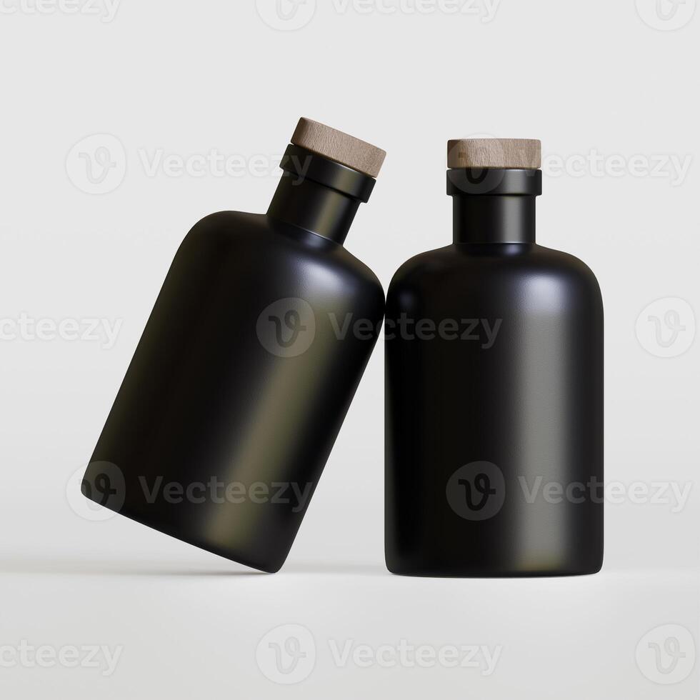Two black bottles with wooden caps on a white background photo