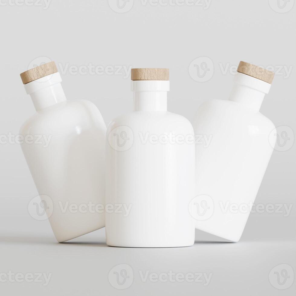 Three white bottles with wooden lids on a gray background photo