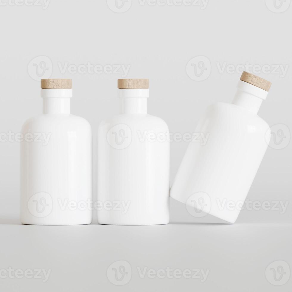 Three white bottles with wooden lids on a white surface photo
