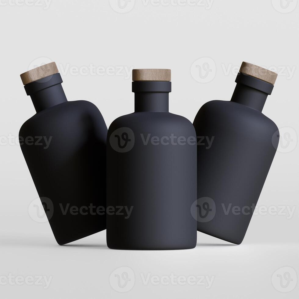 Three black bottles with wooden lids on a white background photo