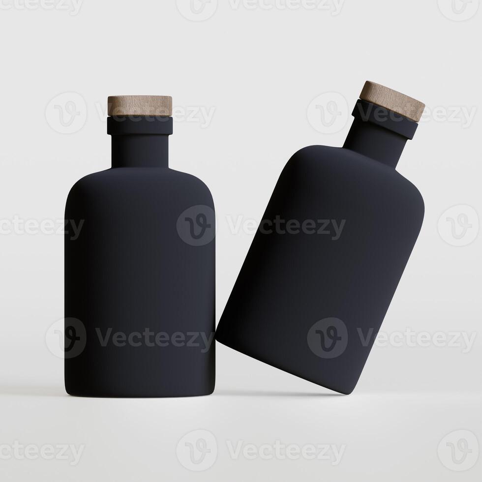 Two black bottles with wooden caps on a white surface photo
