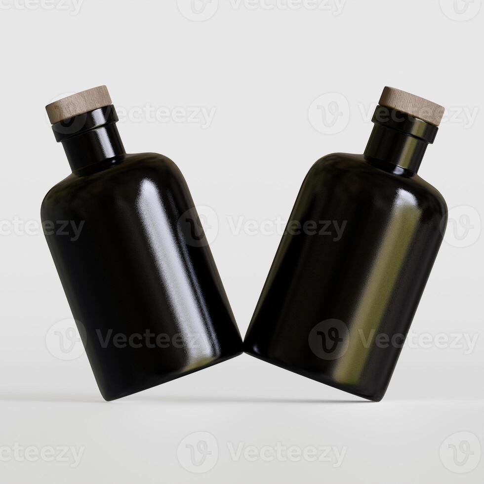 Two black bottles with wooden lids on a white background photo