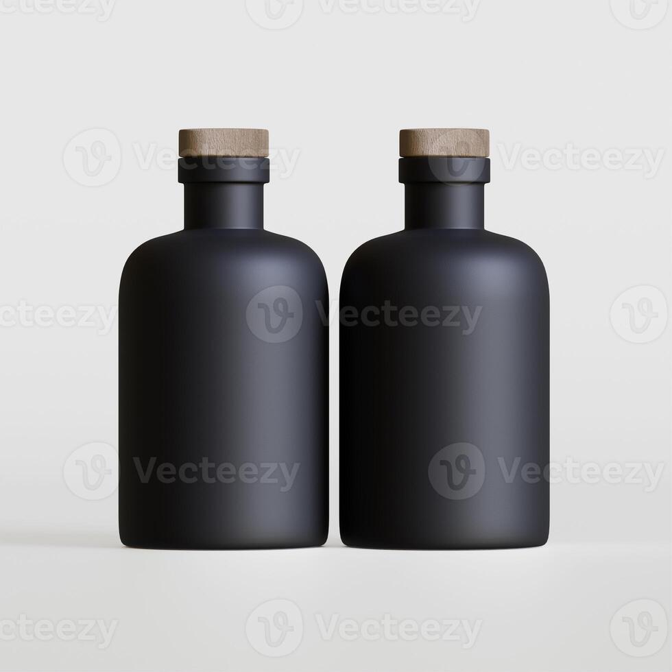 Two black bottles with wooden lids on a white surface photo