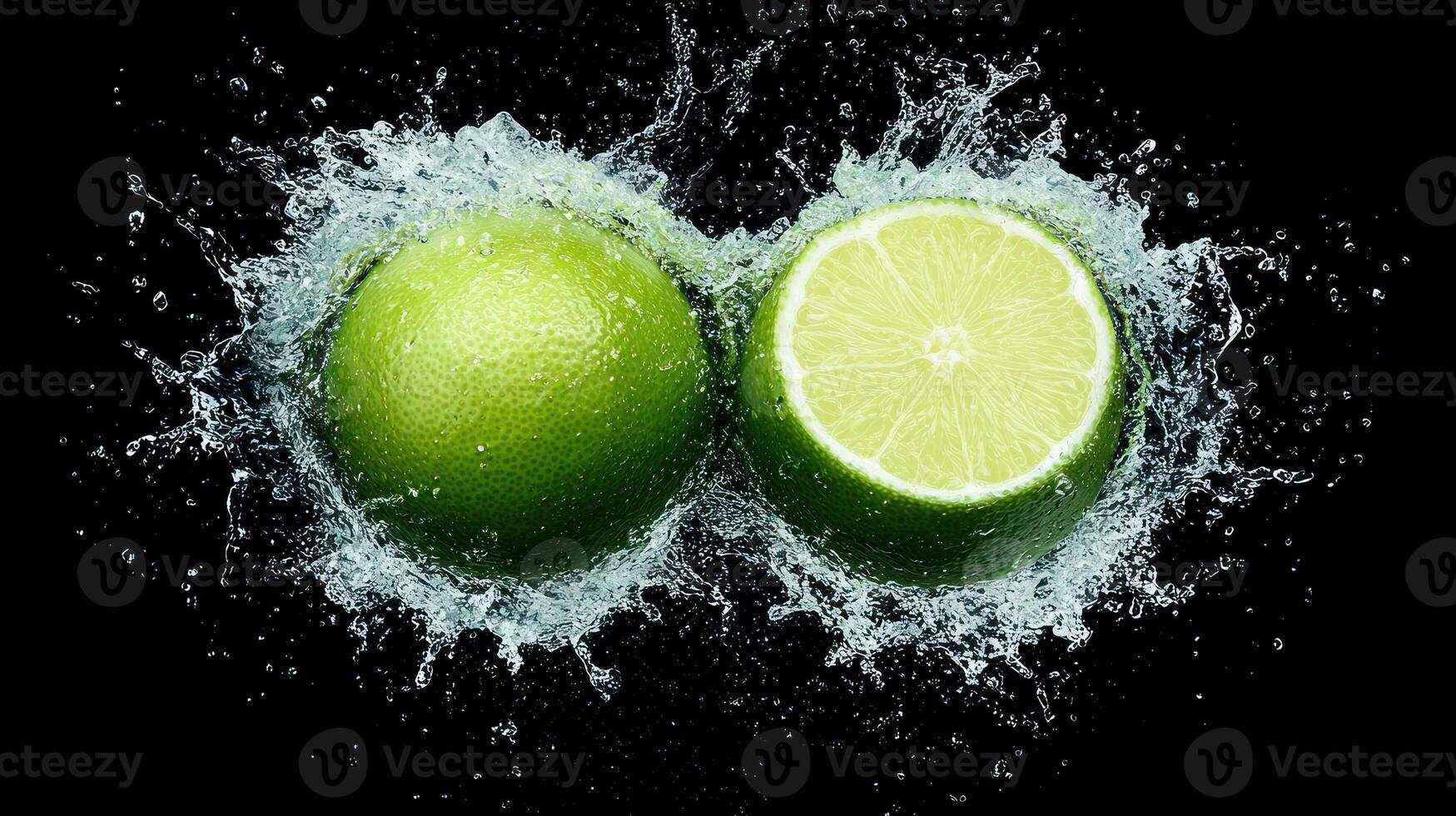 Refreshing lime splashes into water, showcasing vibrant green colors and freshness. photo