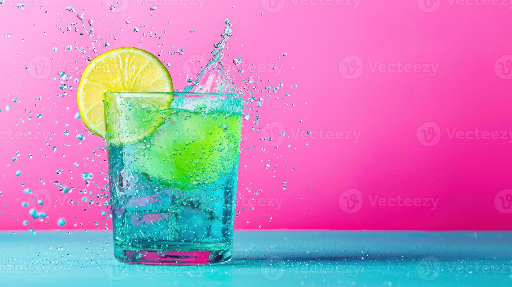 Refreshing cocktail splashing with lime and bubbles against a vibrant pink backdrop. photo