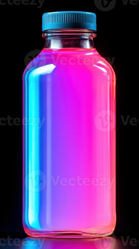 Vibrant bottle with colorful liquid against a dark background, ideal for creative projects. photo