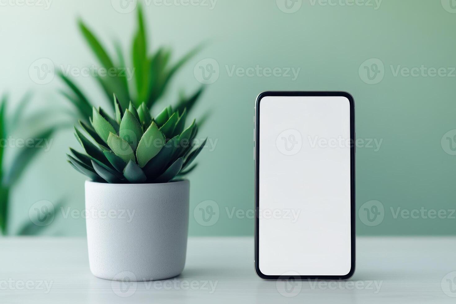 Smartphone and succulent plant on a table with soft green background. photo