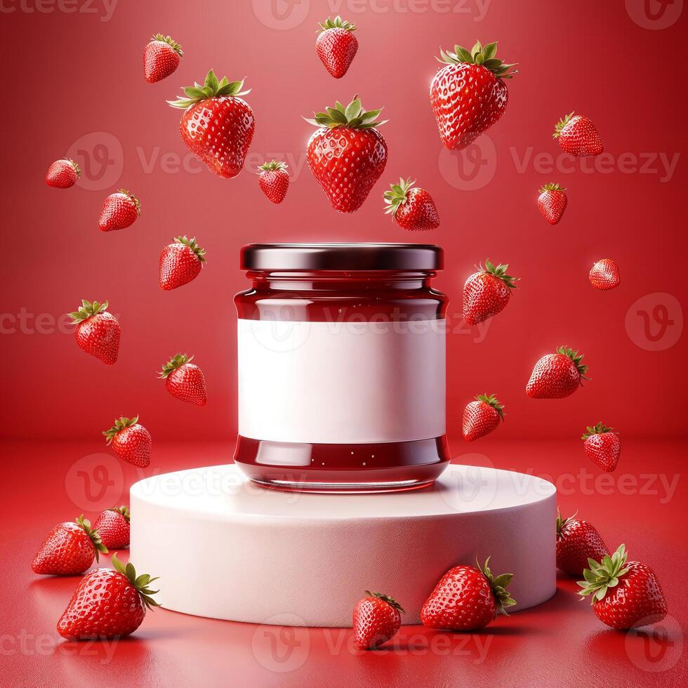 A jar of strawberry jam with a white label on top photo