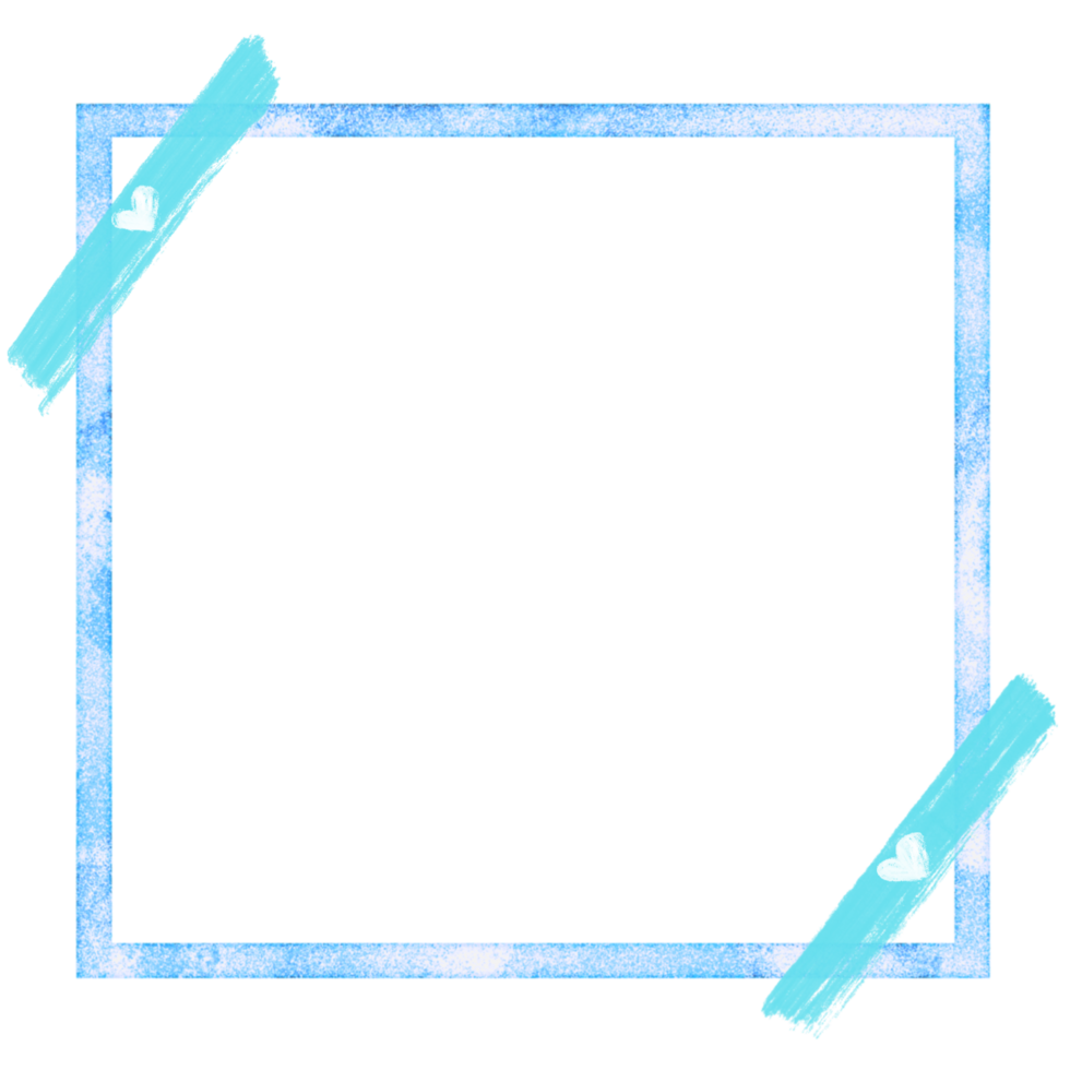 Blue square frame with light blue paint brush strokes and hearts png