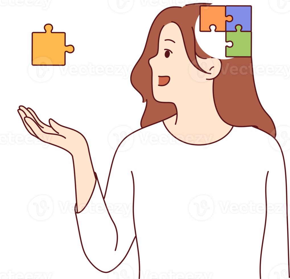 Process of self-discovery in girl with puzzle in head and hands, exploring own thoughts and behavior. Importance of self-discovery for personality development or maintaining psychological balance png