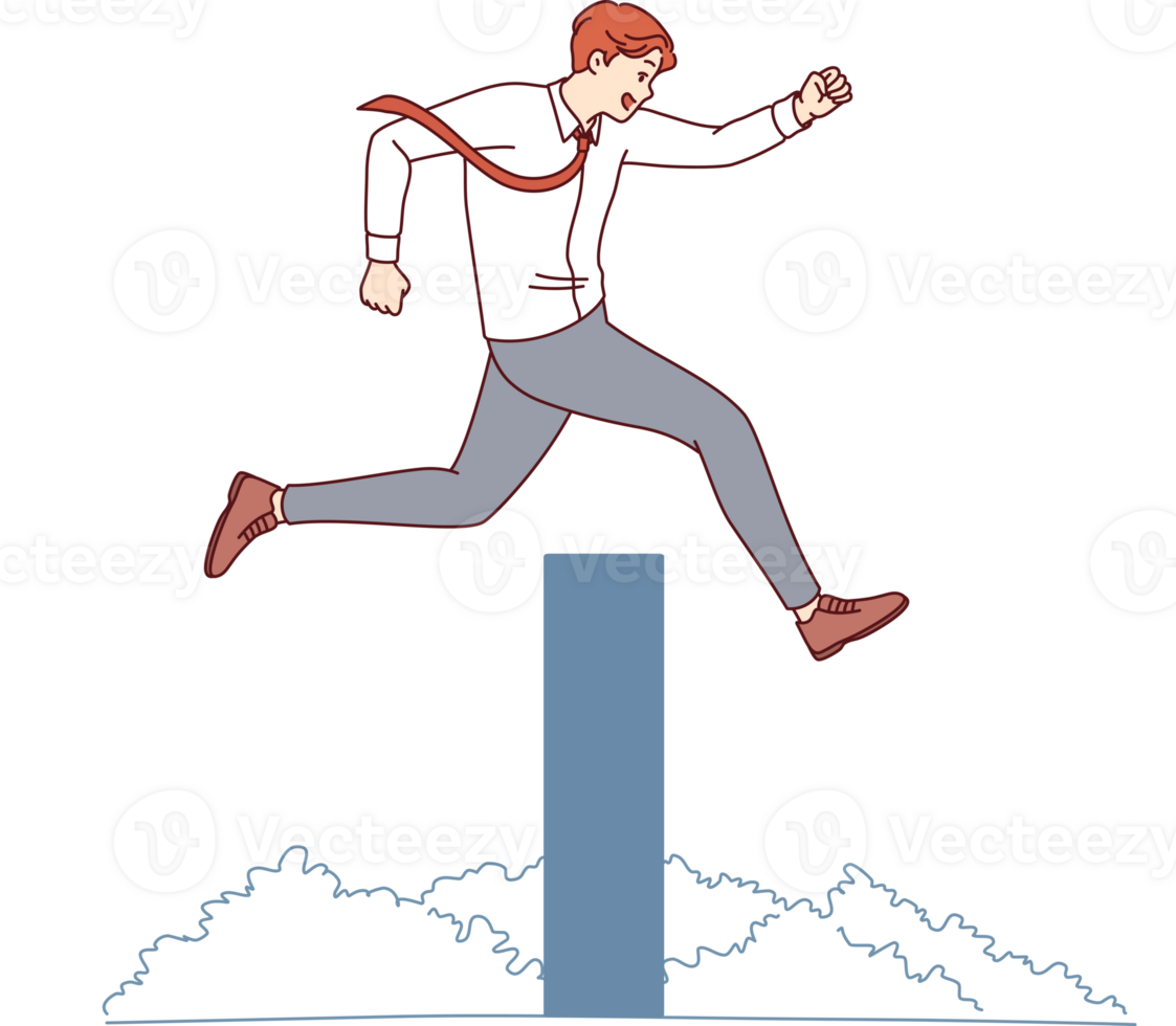 Ambitious business man overcomes obstacle on path to success by jumping over high wall. Successful businessman overcomes obstacles thanks to professional experience and motivation. png