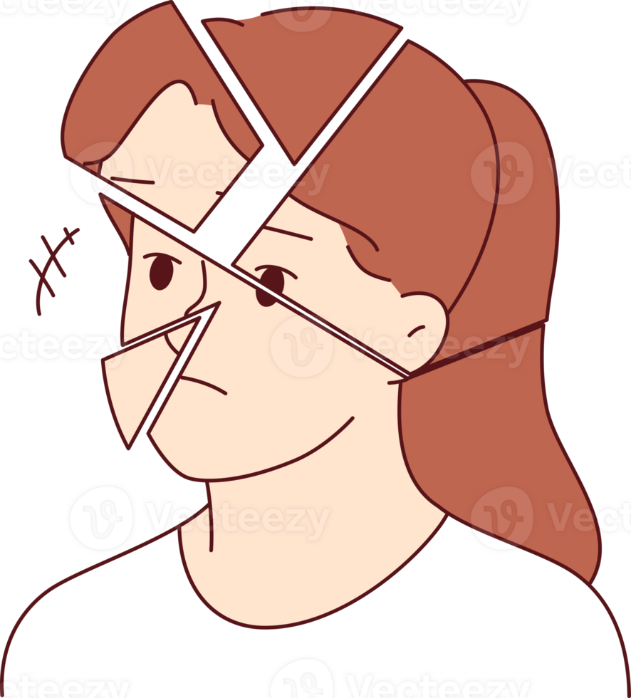 Destruction of woman personality and face is caused by impaired psychological health and mental burnout. Upset girl needs antidepressants to restore damaged personality and eliminate disorder png