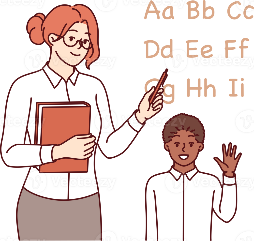 Woman english teacher teaches little boy to read by pointing to letters of alphabet. Girl teacher explains rules of pronunciation and transcription for schoolchild rejoicing in receiving knowledge. png