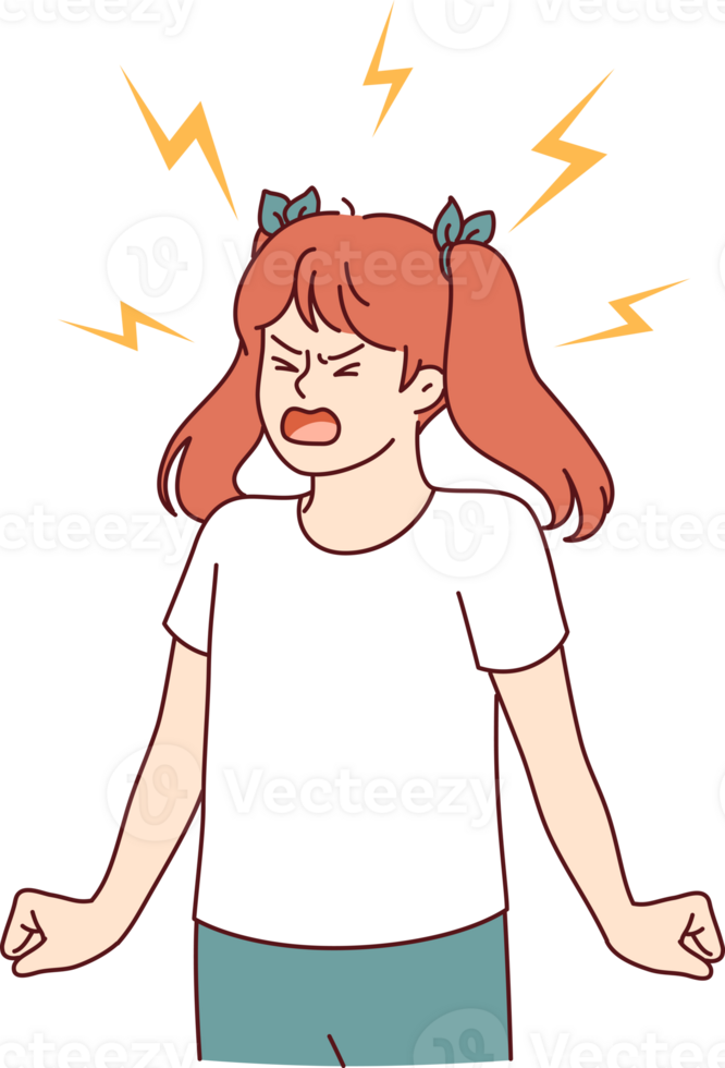 Angry teenage girl screams and throws hysteria due to harmfulness and psychological problems. Hysteria in child who feels lack of attention and parenting skills from bad parents who have forgotten png