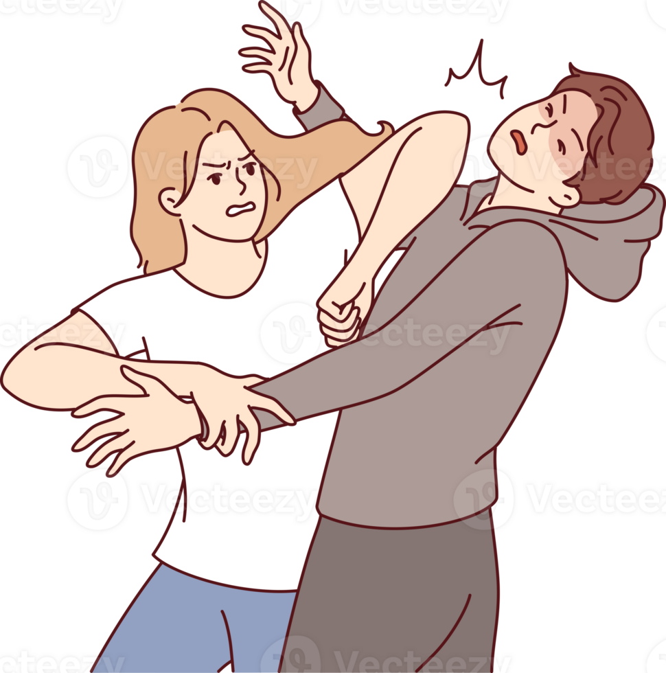 Woman demonstrates self-defense technique by striking man in face pretending to be maniac or robber. Self-defense lessons for girls who want to have sense of security when meeting attacker png