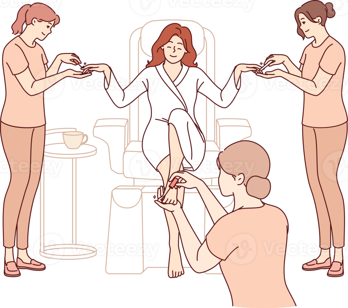 Woman visitor to SPA salon gets manicure and pedicure at same time to prepare for party or date. Luxury SPA treatments for relaxed girl who wants to be beautiful and attract attention of guys png