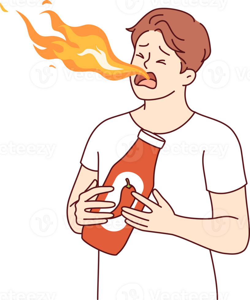 Hot sauce with chili pepper or tabasco was tasted by man who was breathing fire from mouth. Guy eats spicy hot sauce or ketchup, enjoying sizzling spices for gourmets love thrills. png