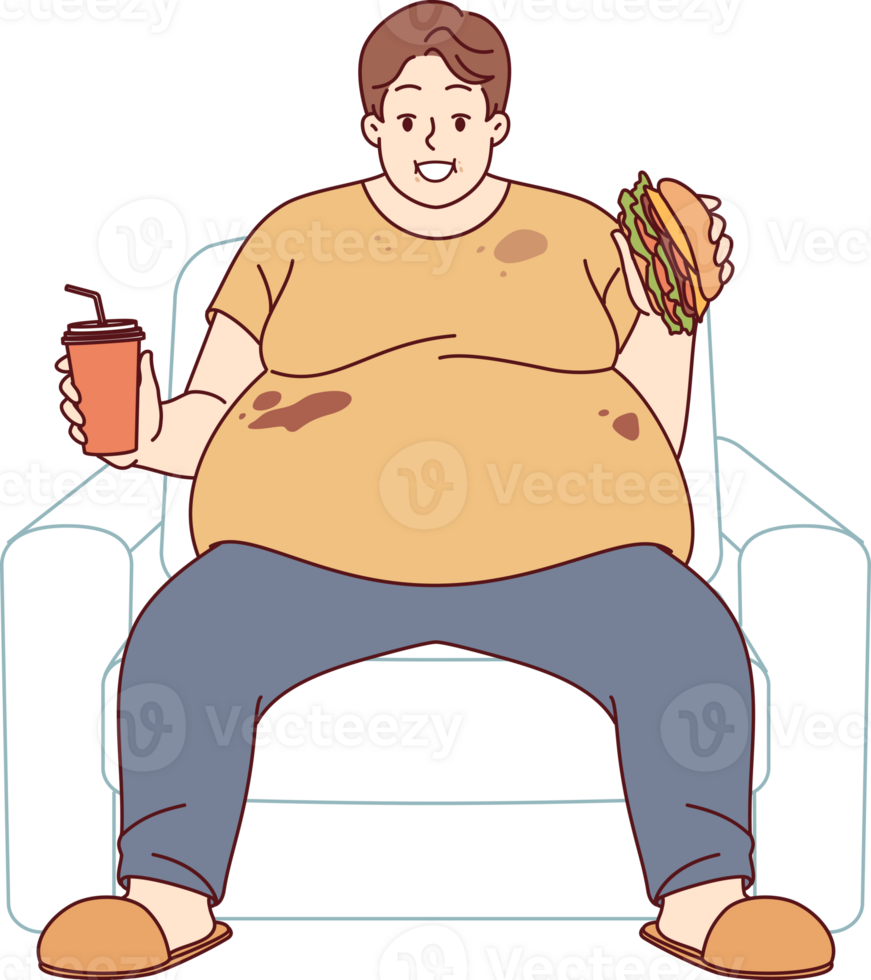 Fat man suffers from obesity caused by problem of overeating and smiles, sitting on sofa with burger and soda in hands. Fat guy eats junk food due to lack of willpower or genetic disease png