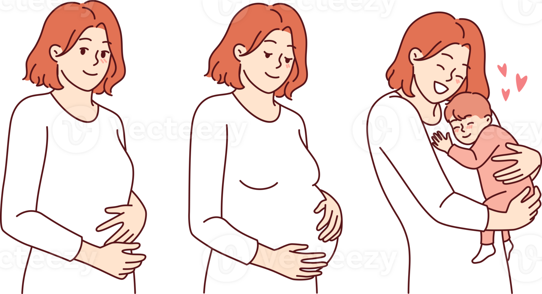 Pregnancy cycle of thin woman, during period of conception and after birth of baby. Happy girl experiences joy of motherhood thanks to surge of hormones and birth of wonderful son. png