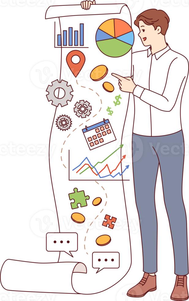 Business man analyzing company commercial performance and shows document with financial charts. Strategic plan in hands of manager analyzing marketing information before investing in corporation png