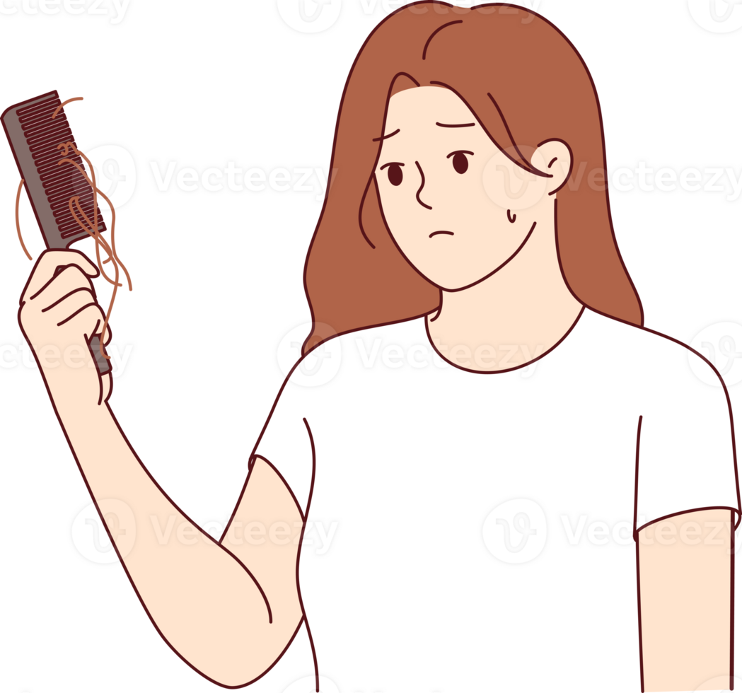 Hair loss upsets woman with comb in hand, suffering from lack of calcium in body or use of low-quality shampoo. Problem of hair loss causes stress and depression in girl who sees symptoms of baldness png