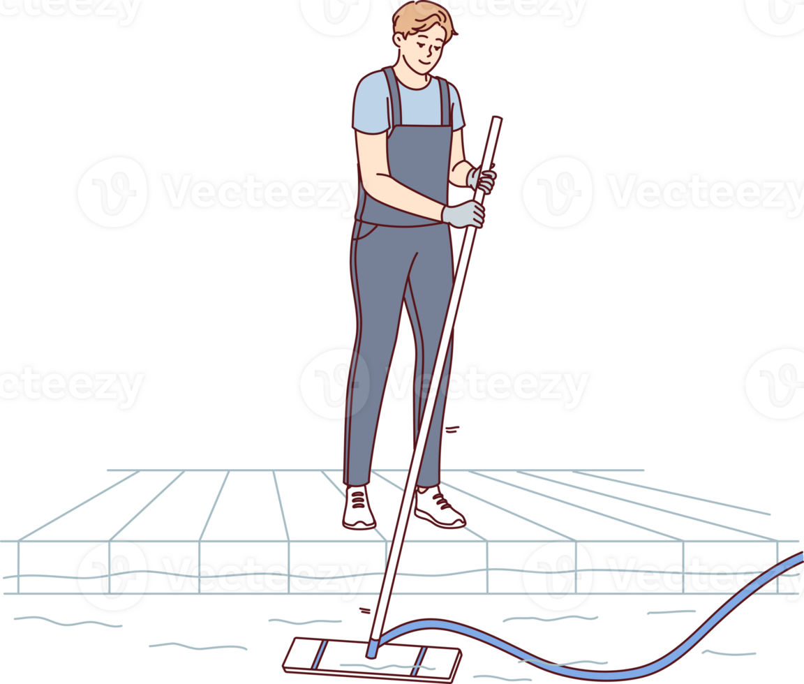 Man pool cleaner uses electric hoover with hose to suck out algae and debris from bottom. Pool cleaner guy enjoys work and achieving perfect results in preparation for swimming season. png