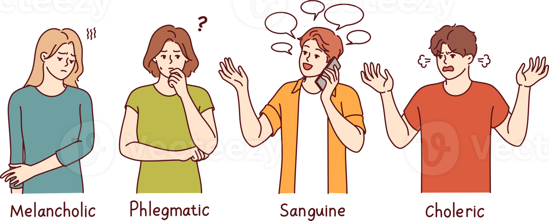 People with different types of temperament with signatures melancholic and phlegmatic or sanguine and choleric. Psychological differences in temperament and personality that affect sociability png
