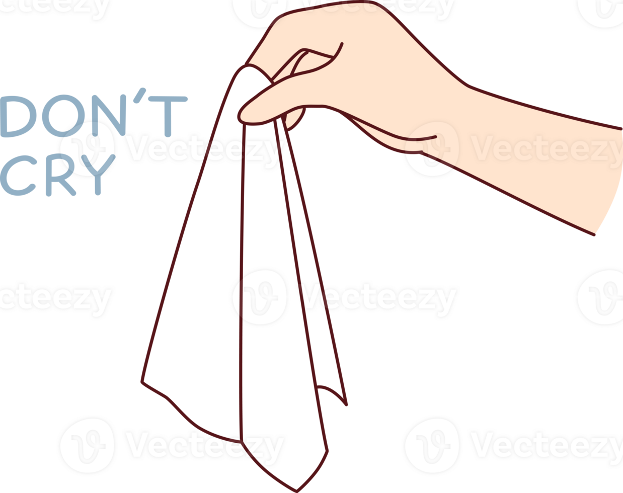 Hand with handkerchief for wiping tears and consoling person in trouble, near words dont cry. White scarf for caring for friend who is upset, cry due to negative news and depressed. png